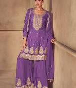 Purple embroidery sequins work & digital print chinnon straight palazzo suit - free size stitching (size upto 42")