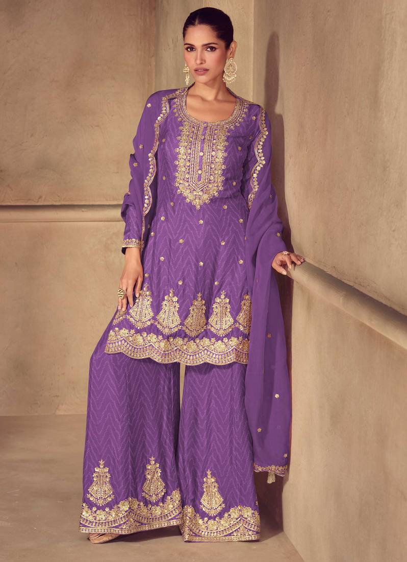 Purple embroidery sequins work & digital print chinnon straight palazzo suit - free size stitching (size upto 42")