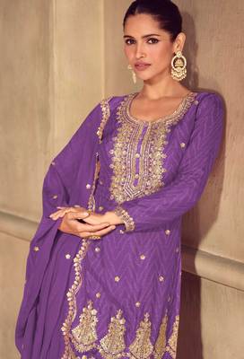 Purple embroidery sequins work & digital print chinnon straight palazzo suit - free size stitching (size upto 42") 2