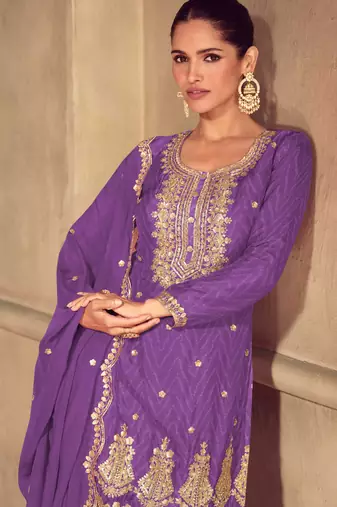 Purple embroidery sequins work & digital print chinnon straight palazzo suit - free size stitching (size upto 42")
