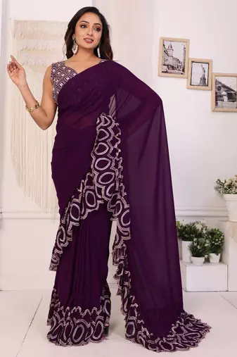 wine Georgette Ready To Wear Embroidery Ruffle Style Saree With Blouse Piece