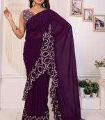 ready to wear wine georgette embroidery ruffle style saree with blouse piece