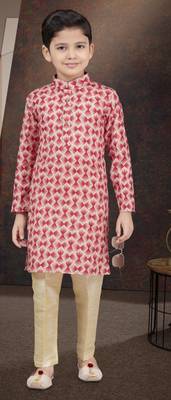 Red rayon degital printed kurta and silk dupion pajama for kids 1