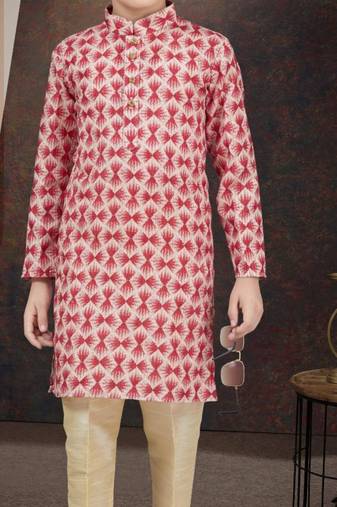 Red rayon degital printed kurta and silk dupion pajama for kids