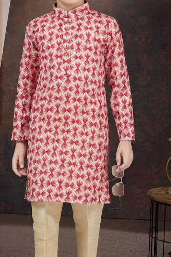 Red rayon degital printed kurta and silk dupion pajama for kids
