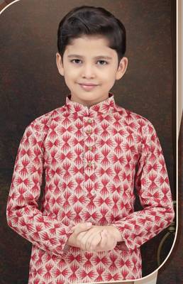 Red rayon degital printed kurta and silk dupion pajama for kids 2