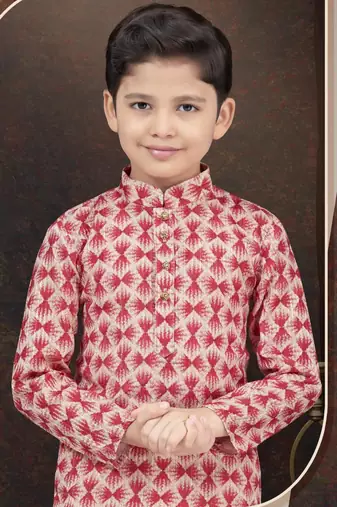 Red rayon degital printed kurta and silk dupion pajama for kids