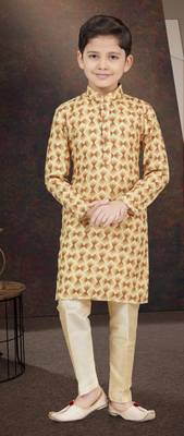 Yellow rayon degital printed kurta and silk dupion pajama for kids 1