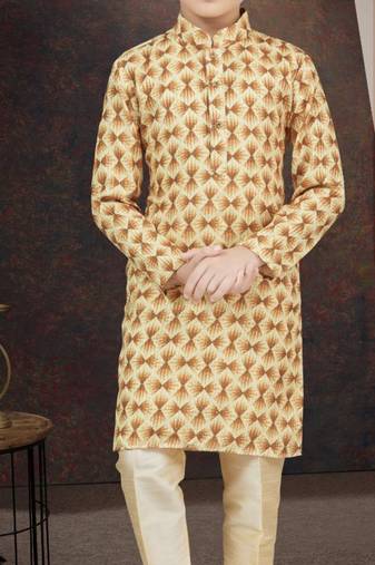 Yellow rayon degital printed kurta and silk dupion pajama for kids