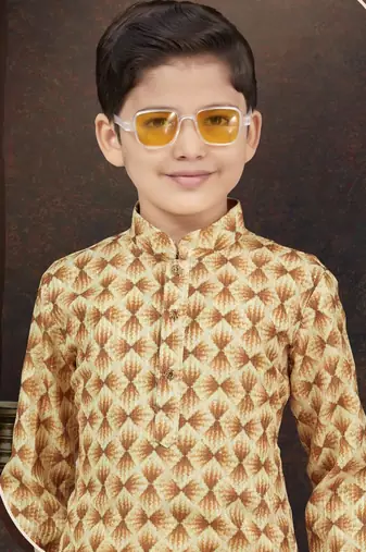 Yellow rayon degital printed kurta and silk dupion pajama for kids