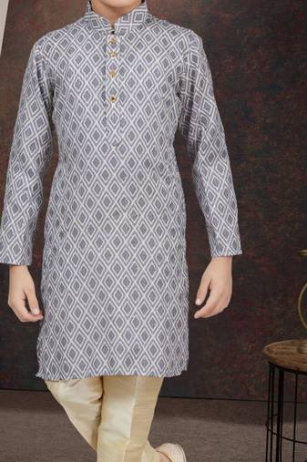 Grey rayon degital printed kurta and silk dupion pajama for kids