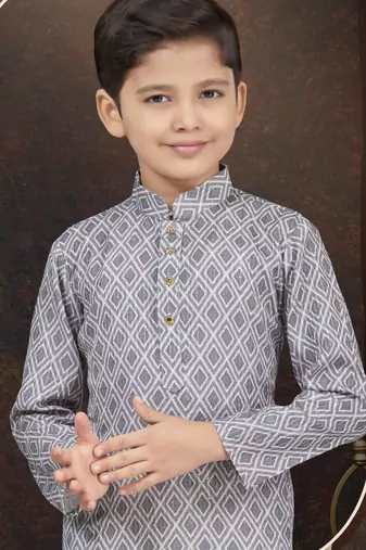 Grey rayon degital printed kurta and silk dupion pajama for kids