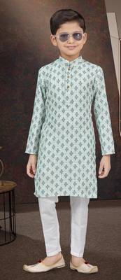 Green rayon degital printed kurta and silk dupion pajama for kids 1