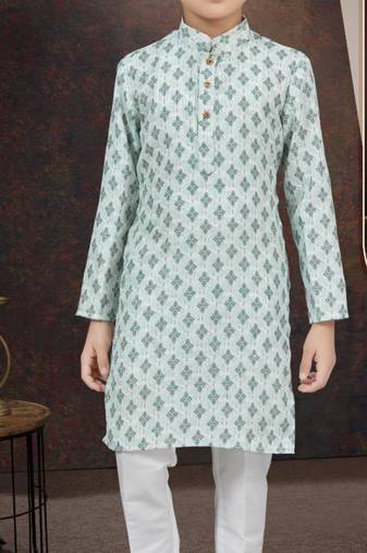 Green rayon degital printed kurta and silk dupion pajama for kids
