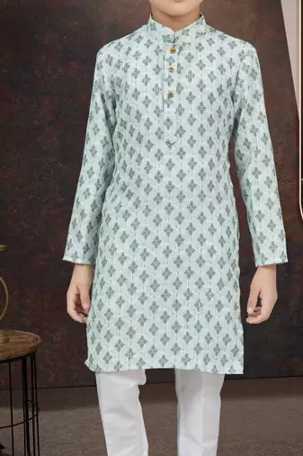 Green rayon degital printed kurta and silk dupion pajama for kids