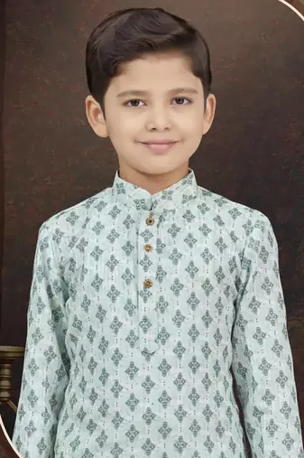 Green rayon degital printed kurta and silk dupion pajama for kids