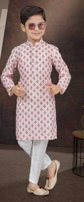 Pink rayon degital printed kurta and silk dupion pajama for kids 1