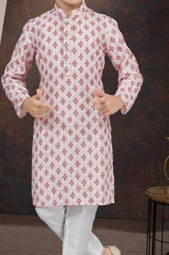 Pink rayon degital printed kurta and silk dupion pajama for kids