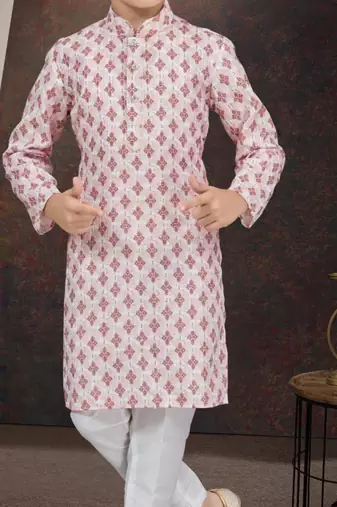 Pink rayon degital printed kurta and silk dupion pajama for kids