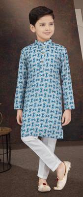 Blue rayon degital printed kurta and silk dupion pajama for kids 1