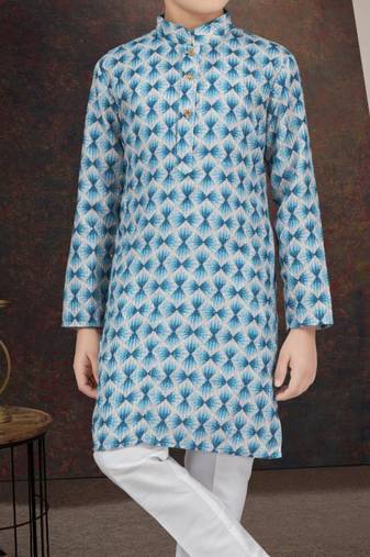 Blue rayon degital printed kurta and silk dupion pajama for kids