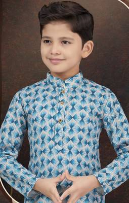 Blue rayon degital printed kurta and silk dupion pajama for kids 2