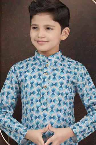 Blue rayon degital printed kurta and silk dupion pajama for kids