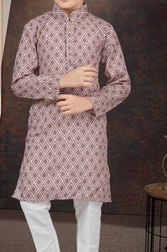 Brown rayon degital printed kurta and silk dupion pajama for kids