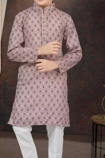Brown rayon degital printed kurta and silk dupion pajama for kids