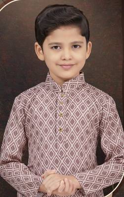 Brown rayon degital printed kurta and silk dupion pajama for kids 2