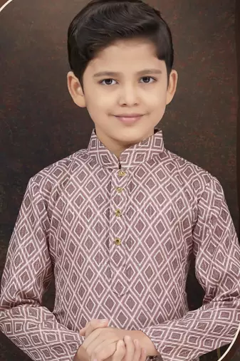Brown rayon degital printed kurta and silk dupion pajama for kids