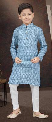 Blue rayon degital printed kurta and silk dupion pajama for kids 1