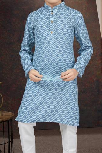 Blue rayon degital printed kurta and silk dupion pajama for kids