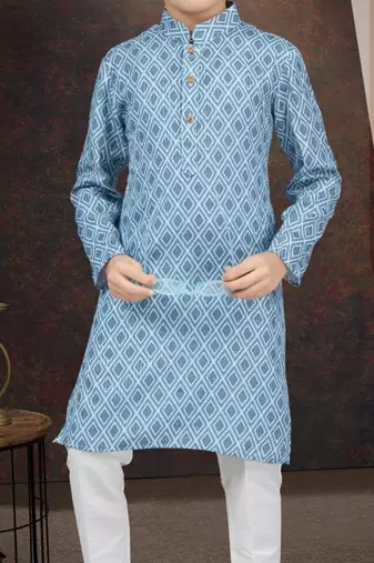 Blue rayon degital printed kurta and silk dupion pajama for kids