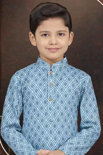 Blue rayon degital printed kurta and silk dupion pajama for kids