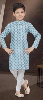 Blue rayon degital printed kurta and silk dupion pajama for kids 1