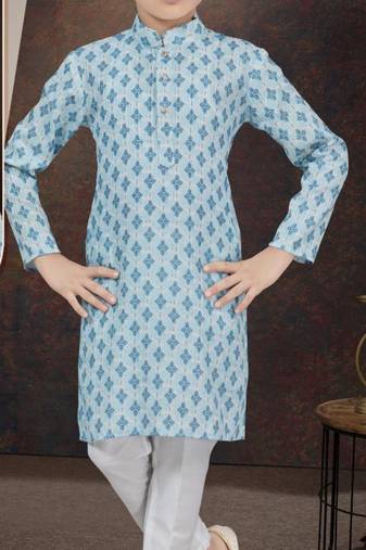 Blue rayon degital printed kurta and silk dupion pajama for kids