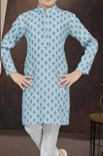 Blue rayon degital printed kurta and silk dupion pajama for kids