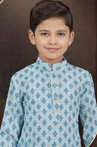 Blue rayon degital printed kurta and silk dupion pajama for kids