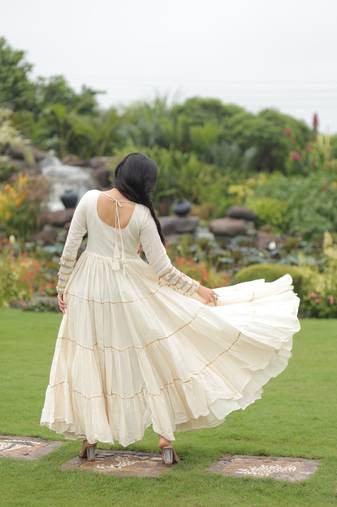 Off white cotton gown with natural kodi work Gown - Full Stitched free size.