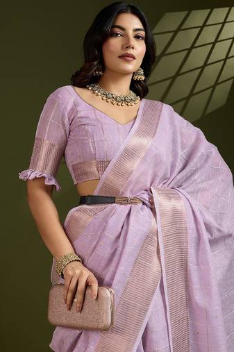 Lavender Color All Over Gota-patti Weaves Checks Work Tissue Linen Silk Saree 