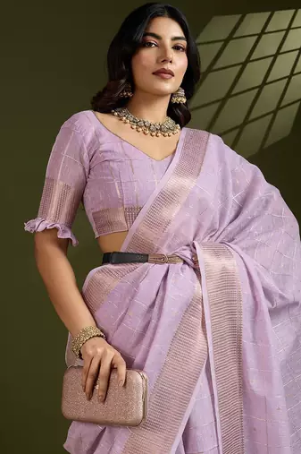 Lavender Color All Over Gota-patti Weaves Checks Work Tissue Linen Silk Saree 