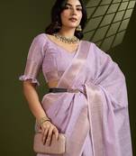 Lavender Color All Over Gota-patti Weaves Checks Work Tissue Linen Silk Saree 