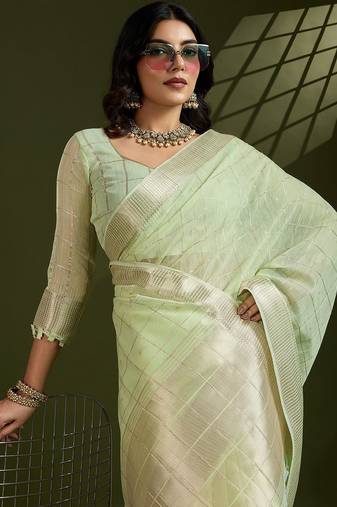 Light Green Color All Over Gota-patti Weaves Checks Work Tissue Linen Silk Saree 