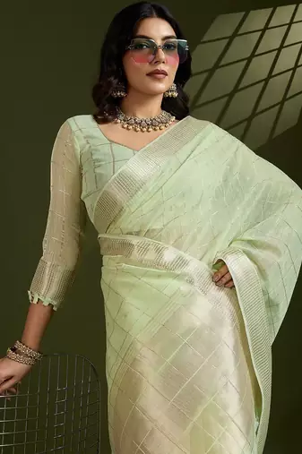 Light Green Color All Over Gota-patti Weaves Checks Work Tissue Linen Silk Saree 