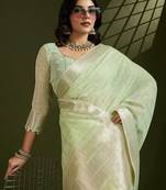 Light Green Color All Over Gota-patti Weaves Checks Work Tissue Linen Silk Saree 