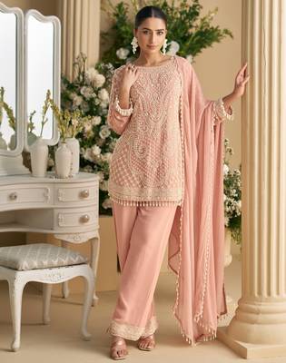 Light pink embroidery stone & beads work georgette straight pant suit - free size(size upto 42") 1