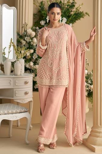 Light pink embroidery, stone & beads work georgette straight pant suit - free size stitching (size upto 42")