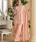 Light pink embroidery stone & beads work georgette straight pant suit - free size(size upto 42")