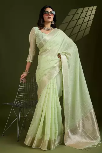Light Green Color All Over Gota-patti Weaves Checks Work Tissue Linen Silk Saree 